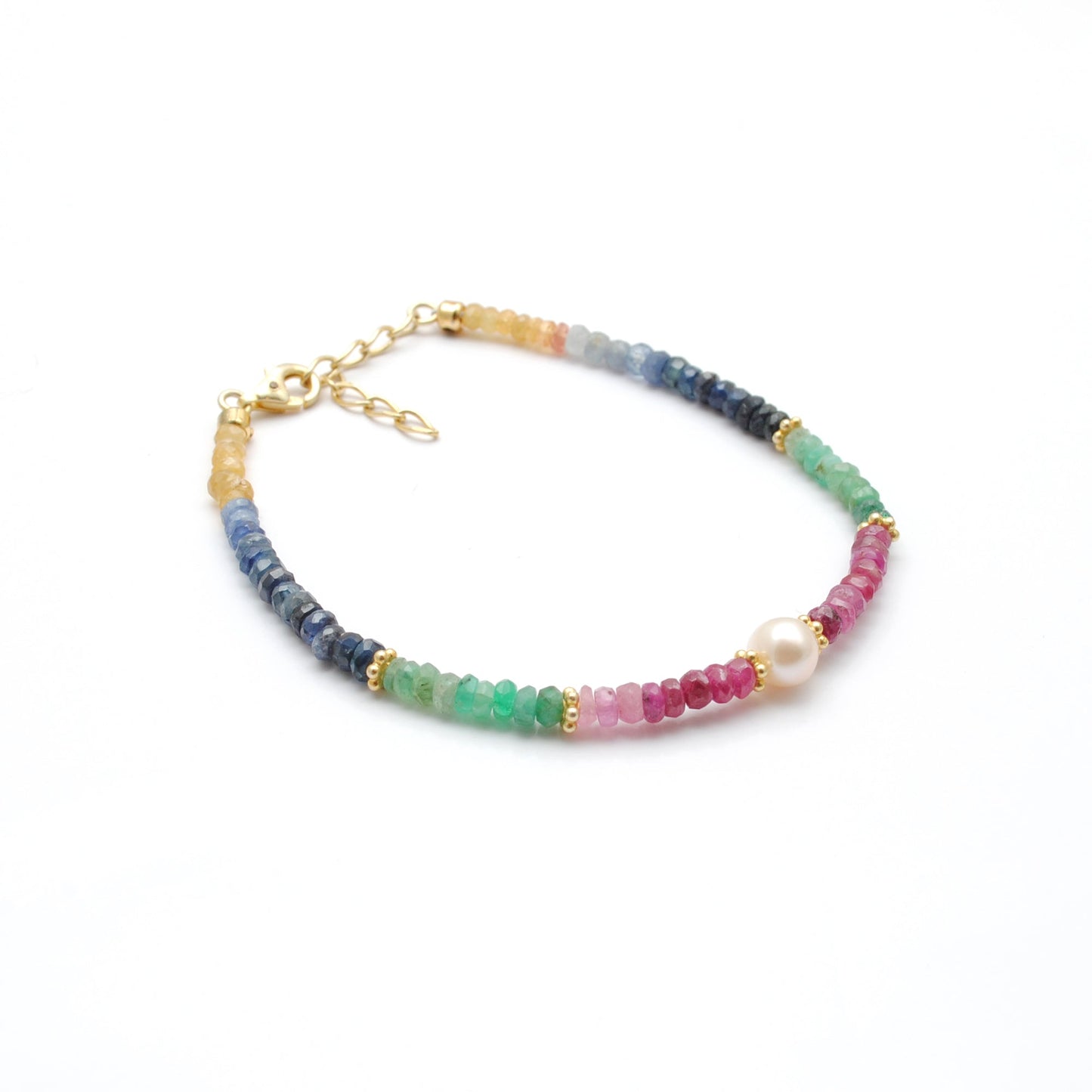 925 Sterling Silver Multi-Gemstone Beaded Bracelet. Ruby Emerald Sapphire