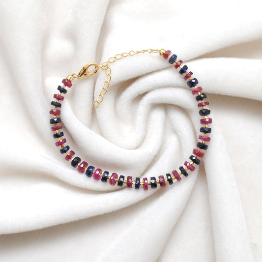 925 Silver Natural Ruby & Blue Sapphire Beaded Bracelet