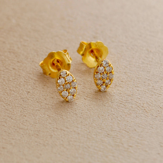 14k Solid Yellow Gold Pave Diamond Minimalist Stud Earrings - Sar Gems