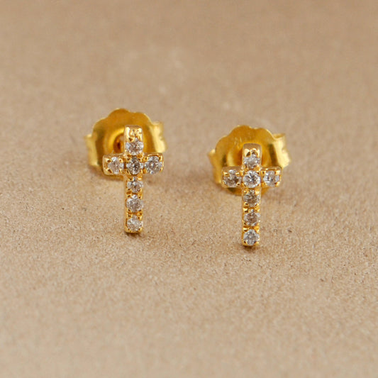 14k Solid Yellow Gold Pave Diamond Minimalist Cross Stud Earrings - Sar Gems