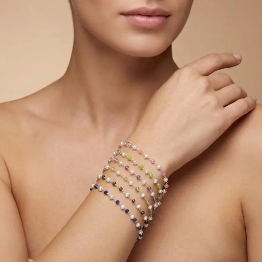 925 Silver Multi-Gemstone & Pearl Bracelet – Amethyst, Chalcedony, Smoky Quartz