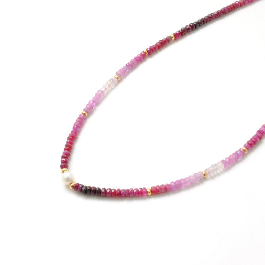 Natural Shaded Ruby Beaded Silver Necklace – Faceted Rondelle Gemstones - view 3