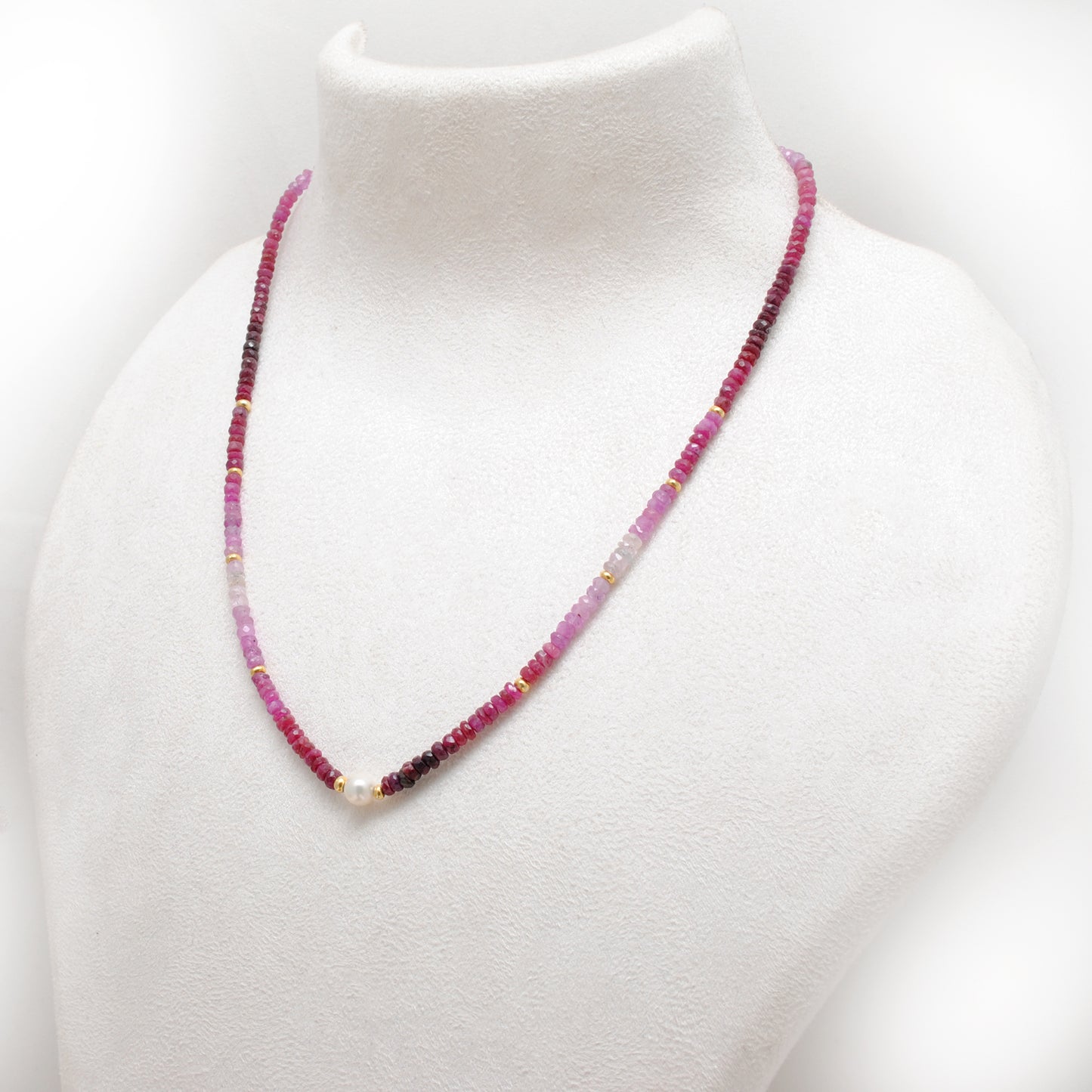 Natural Shaded Ruby Beaded Silver Necklace – Faceted Rondelle Gemstones