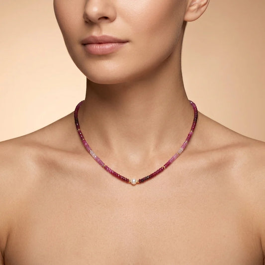 Shaded Ruby Faceted Rondelle Gemstone Necklace, 18-Inch Pearl & Sterling Silver Jewelry