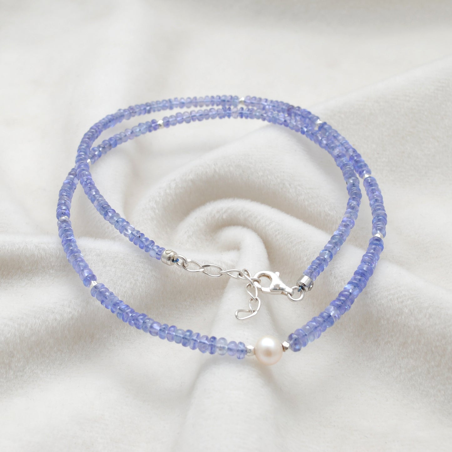 18 Inch Natural Tanzanite & Pearl Necklace – 3mm Tanzanite Beads with 6mm Pearl