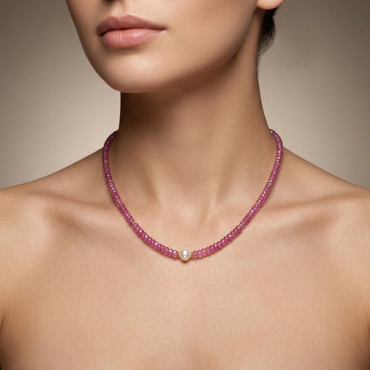 Natural Ruby Faceted Beaded Gemstone Necklace, 925 Sterling Silver, Handmade Jewelry Gift for Her
