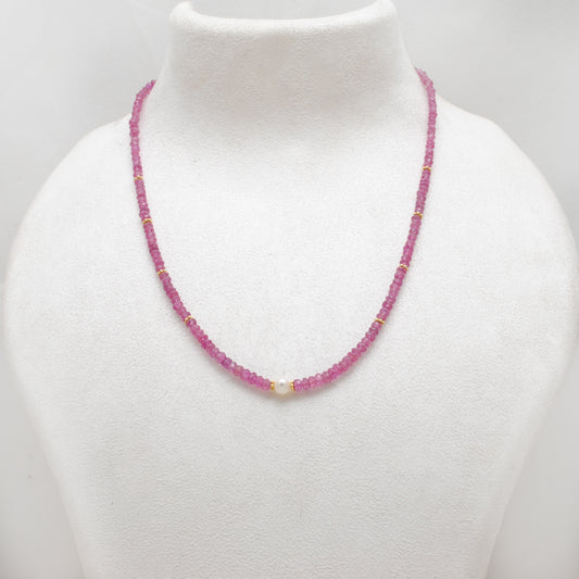 Natural 3-4mm Ruby and 6mm Pearl Beaded 925 Silver Necklace
