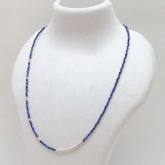 925 Sterling Silver Natural Lapis Lazuli Rondelle Beaded Necklace with Ball Beads
