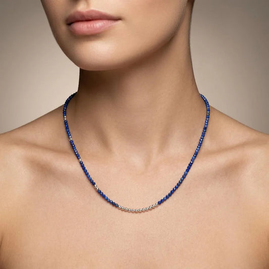 925 Sterling Silver Natural Lapis Lazuli Rondelle Beaded Necklace with Ball Beads