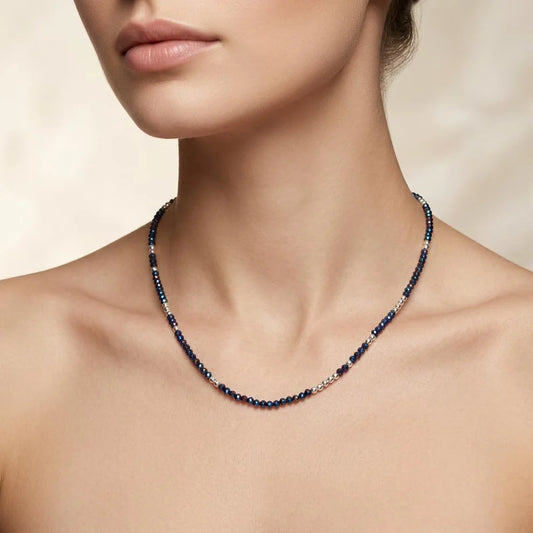 Black Spinel Blue Mystic Coated Beads Silver Necklace