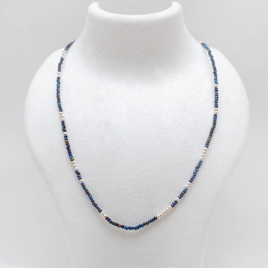 Black Spinel Blue Mystic Coated Beads Silver Necklace