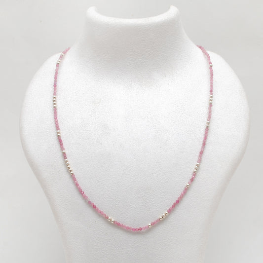 925 Sterling Silver Pink Tourmaline Beaded Necklace – 2mm Faceted Gemstone