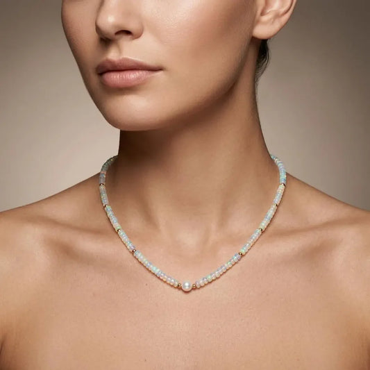 925 Sterling Silver Opal & Freshwater Pearl Beaded Necklace,
