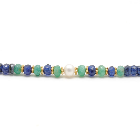 Natural Emerald Beaded Necklace with Blue Sapphire Silver Choker - view 3