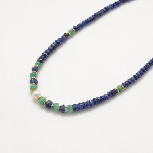 Emerald, Blue Sapphire & Pearl Beaded Necklace, 925 Silver, Handmade Gift - view 3