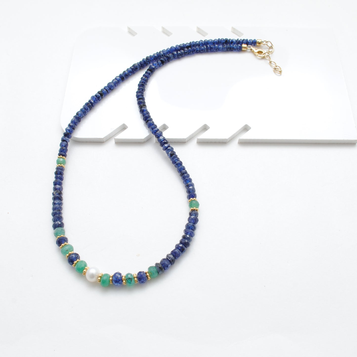 Natural Emerald Beaded Necklace with Blue Sapphire Silver Choker