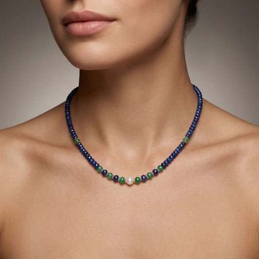 Emerald, Blue Sapphire & Pearl Beaded Necklace, 925 Silver, Handmade Gift