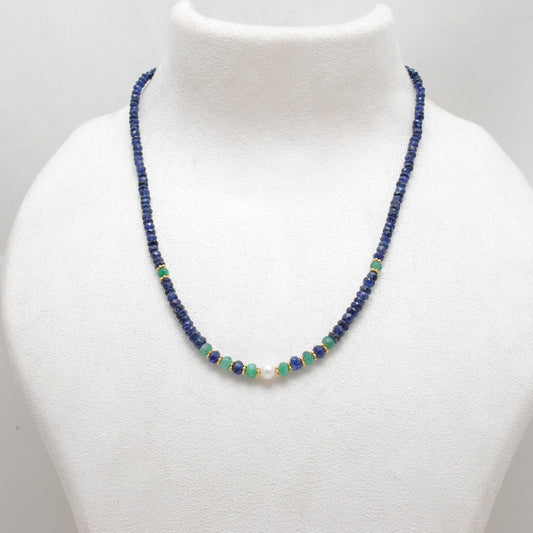 Emerald, Blue Sapphire & Pearl Beaded Necklace, 925 Silver, Handmade Gift