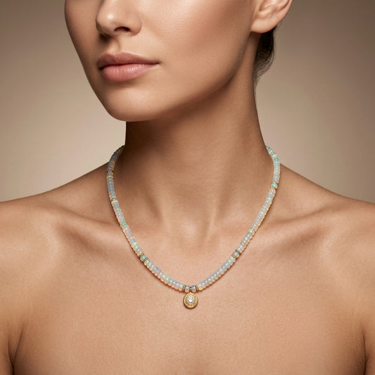 Ethiopian Opal Beaded Necklace – 18" Sterling Silver Choker with Rose Cut Diamond Pendant
