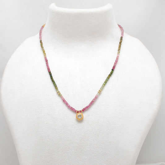 Natural Multi Tourmaline Beaded Necklace with Diamond Pendant