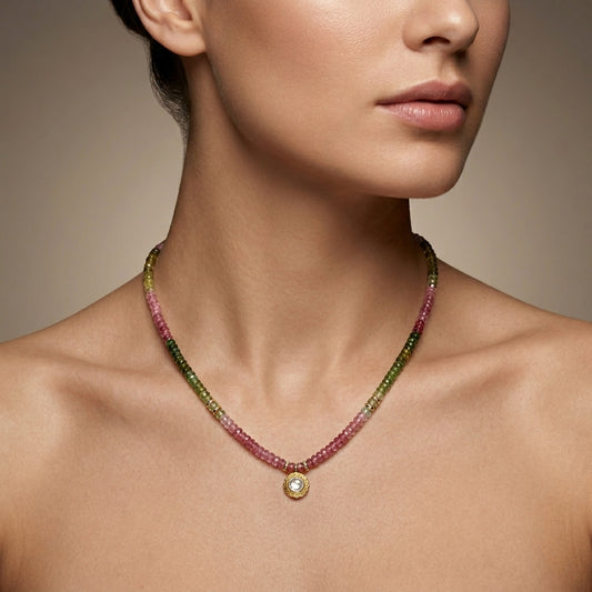 Natural Multi Tourmaline Beaded Necklace with Diamond Pendant