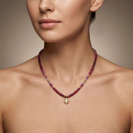 Genuine Ombre Ruby Beaded Necklace with Uncut Diamond Pendant, 925 Sterling Silver, Handmade Jewelry Gift