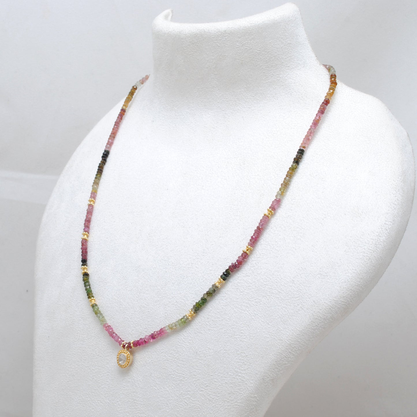 Tourmaline Beaded Necklace with Polki Diamond Pendant – 925 Silver Handmade Jewelry
