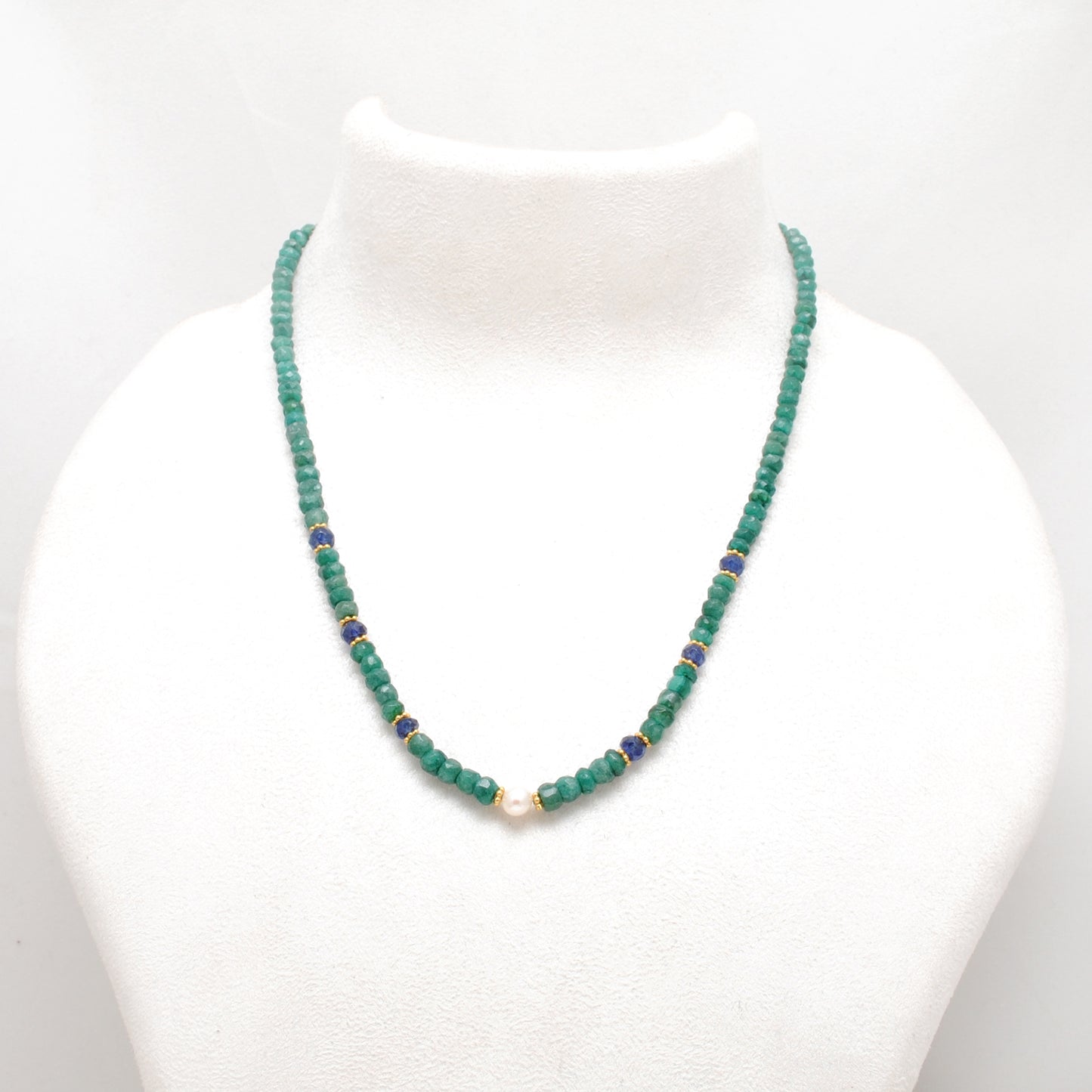 Emerald Rondelle Beads 18k Gold Plated Pearl & Blue Sapphire Beaded Necklace