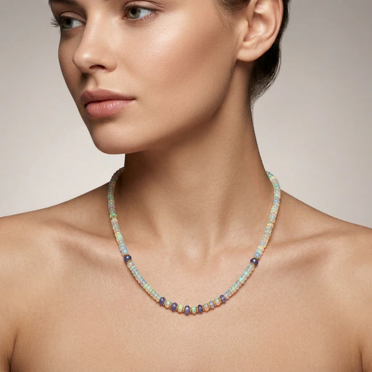 925 Sterling Silver Gold-Plated Ethiopian Opal & Tanzanite Beaded Necklace
