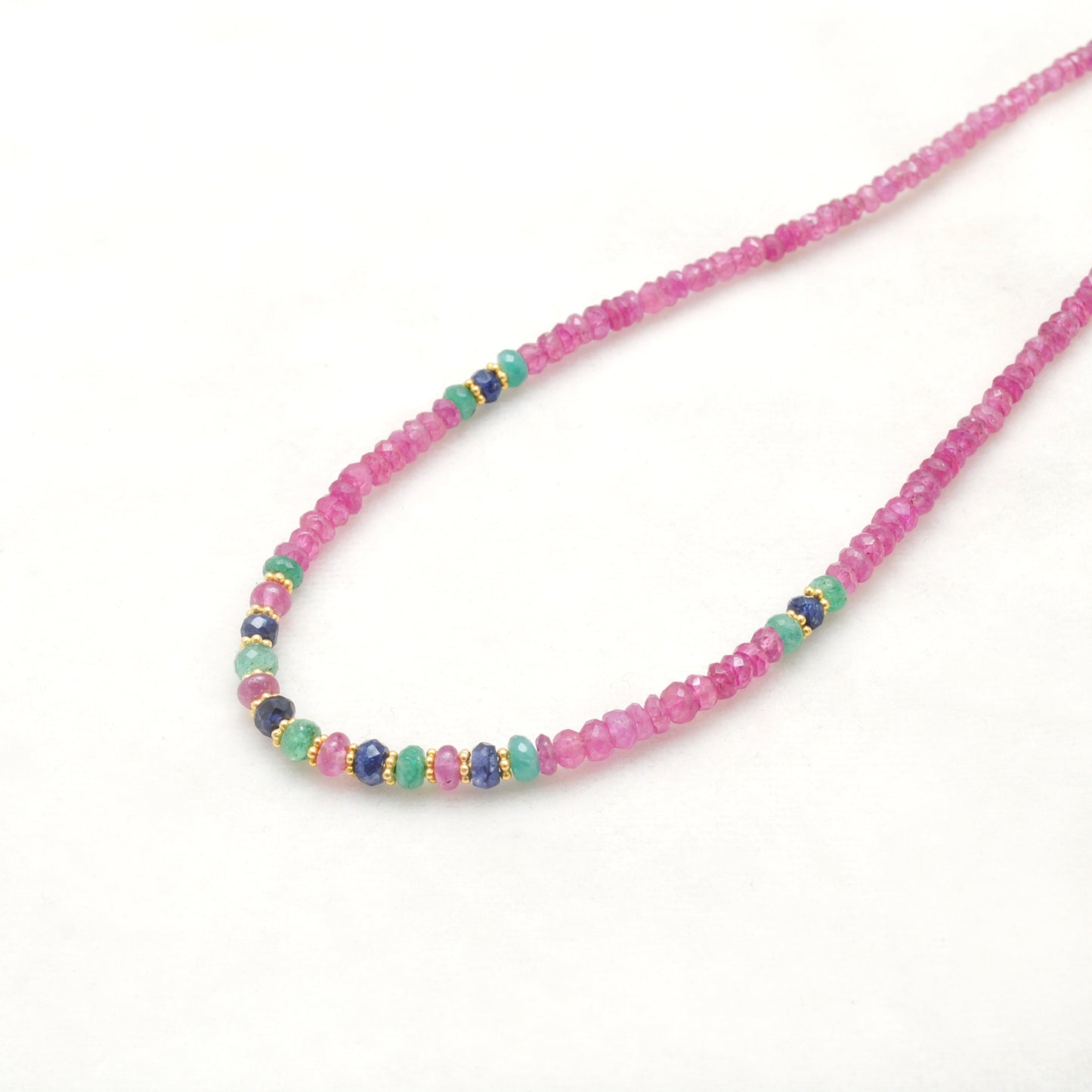 Natural Ruby & Emerald Beaded Necklace – 925 Sterling Silver 18"