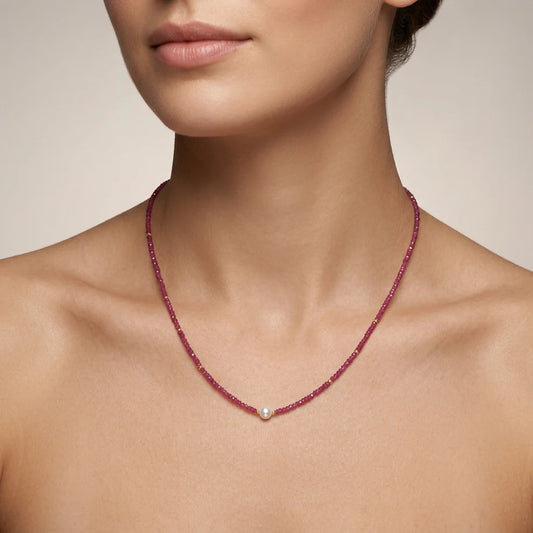 925 Sterling Silver Ruby & Pearl Beaded Necklace – Elegant Gift