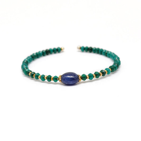 925 Sterling Silver Green Jade & Blue Sapphire Stretchable Beaded Bracelet - Sar Gems