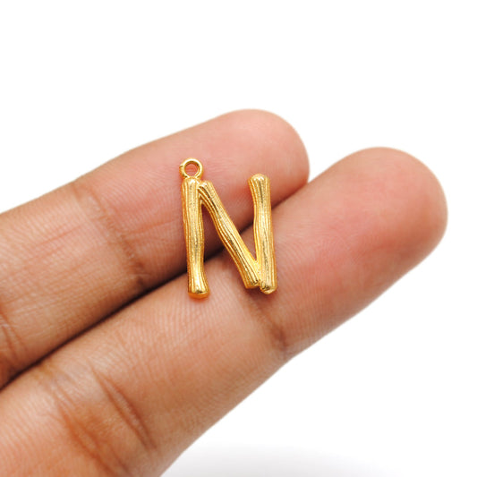 18k Solid Yellow Gold N Initial Letter Charm Pendant - view 3
