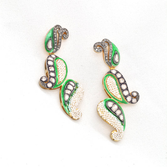 Luxurious Handcrafted Green Enamel and Mixed Stone Drop Earrings