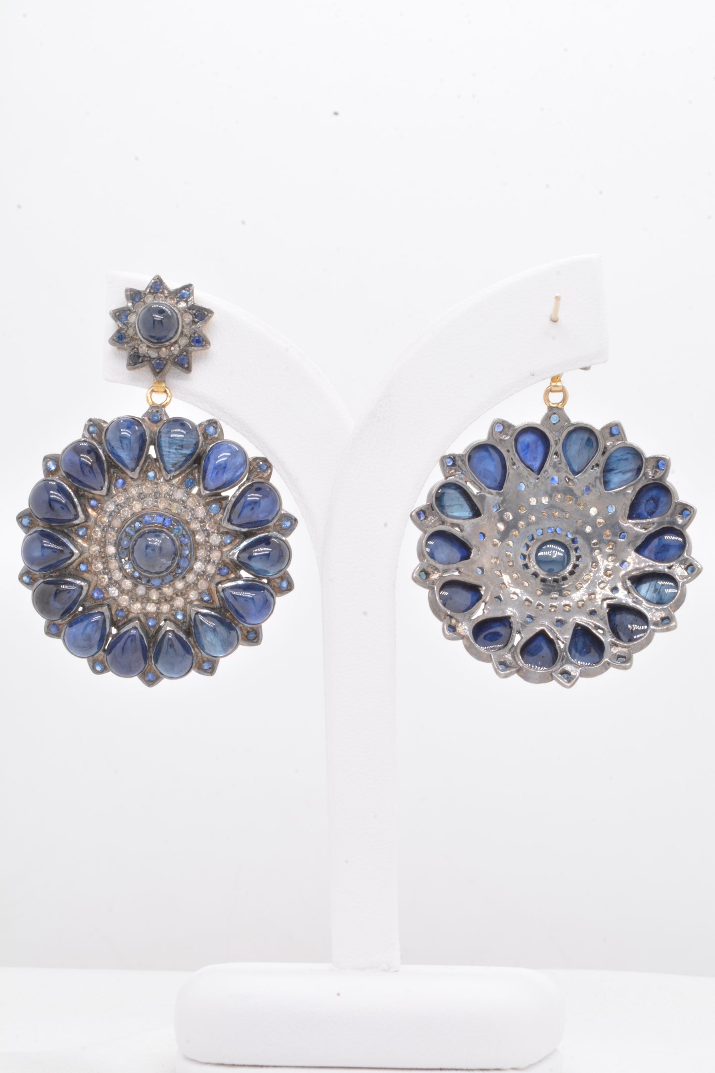 Radiant Handcrafted Sapphire and CZ Floral Drop Silver Earrings