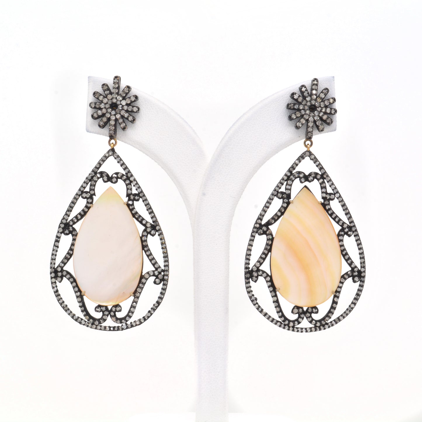 925 Silver Teardrop Mother of Pearl Filigree Dangle Earrings