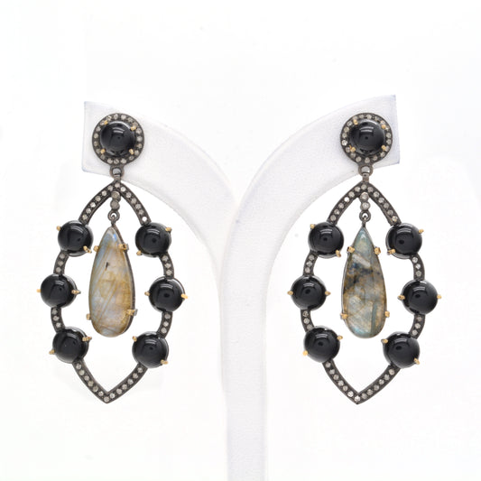 Elegant Handcrafted Onyx and Labradorite Drop Silver Earrings