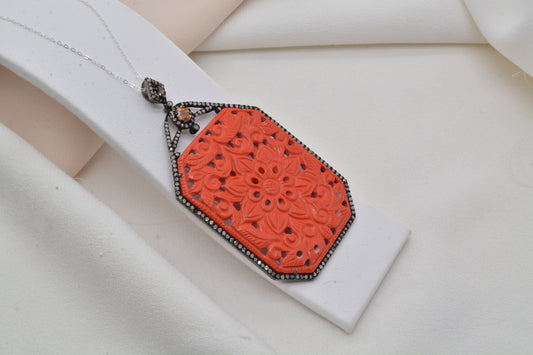 Vibrant Coral Filigree 925 Sterling Silver Pendant - view 3