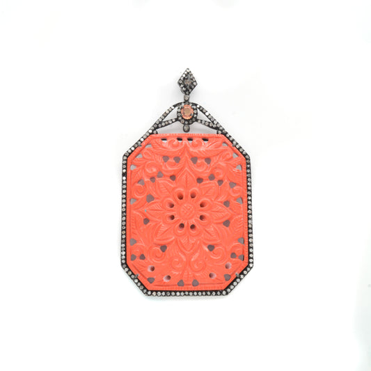 Vibrant Coral Filigree 925 Sterling Silver Pendant
