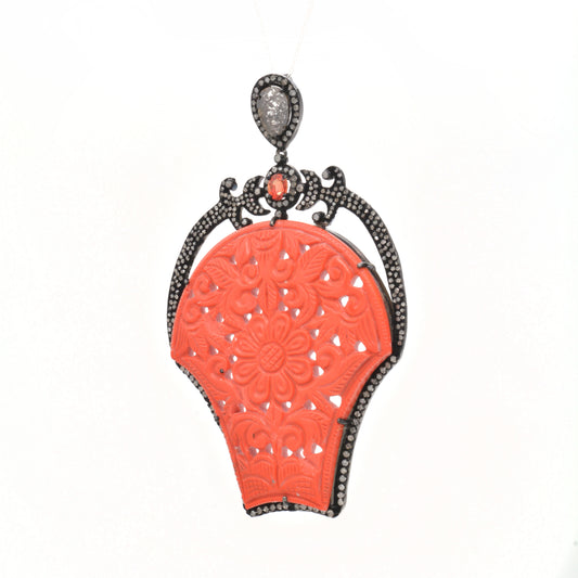 925 Sterling Silver Striking Coral Carved Pendant - view 3