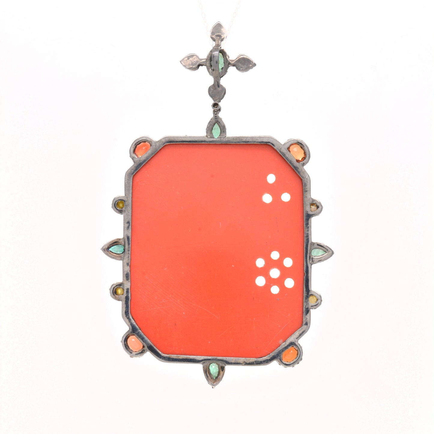 Ornate Coral and Multi-Gemstone Silver Pendant