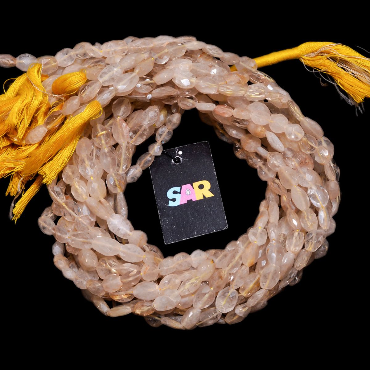 Golden Rutile Quartz Faceted Stone Beads 10x7-12x9mm, (Oval Shape)