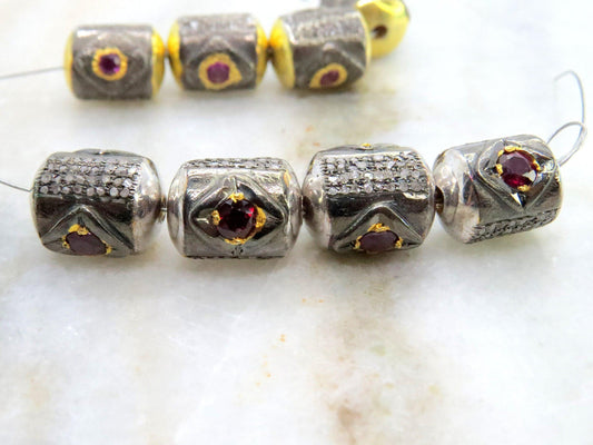 925 Sterling Silver Pave Diamond & Multi-Gemstone Tube Beads - view 3