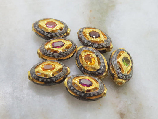 925 Sterling Silver Pave Diamond Multi-Gemstone Oval Beads