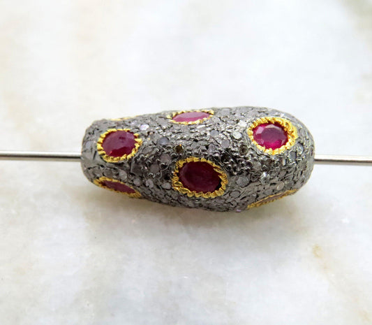 Sterling Silver Pave Diamond & Ruby Spacer Bead - view 3