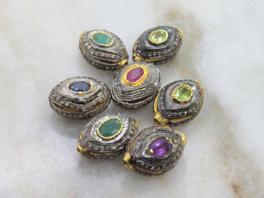 925 Sterling Silver Multi-Gemstone Round Spacer Bead with Diamond Accents