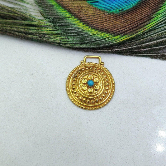 18k Solid Yellow Gold Turquoise Vintage Pendant 19mm