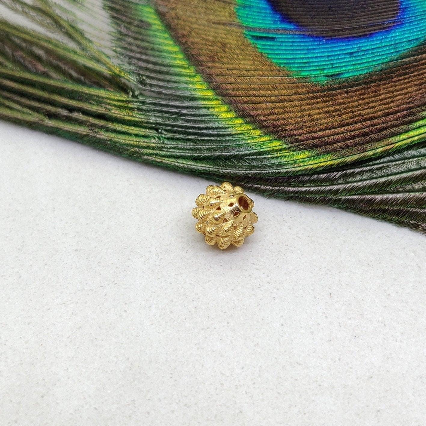 18KT Solid Yellow Gold Engrave Art on Gold Spacer Bead Components 8x8.5mm