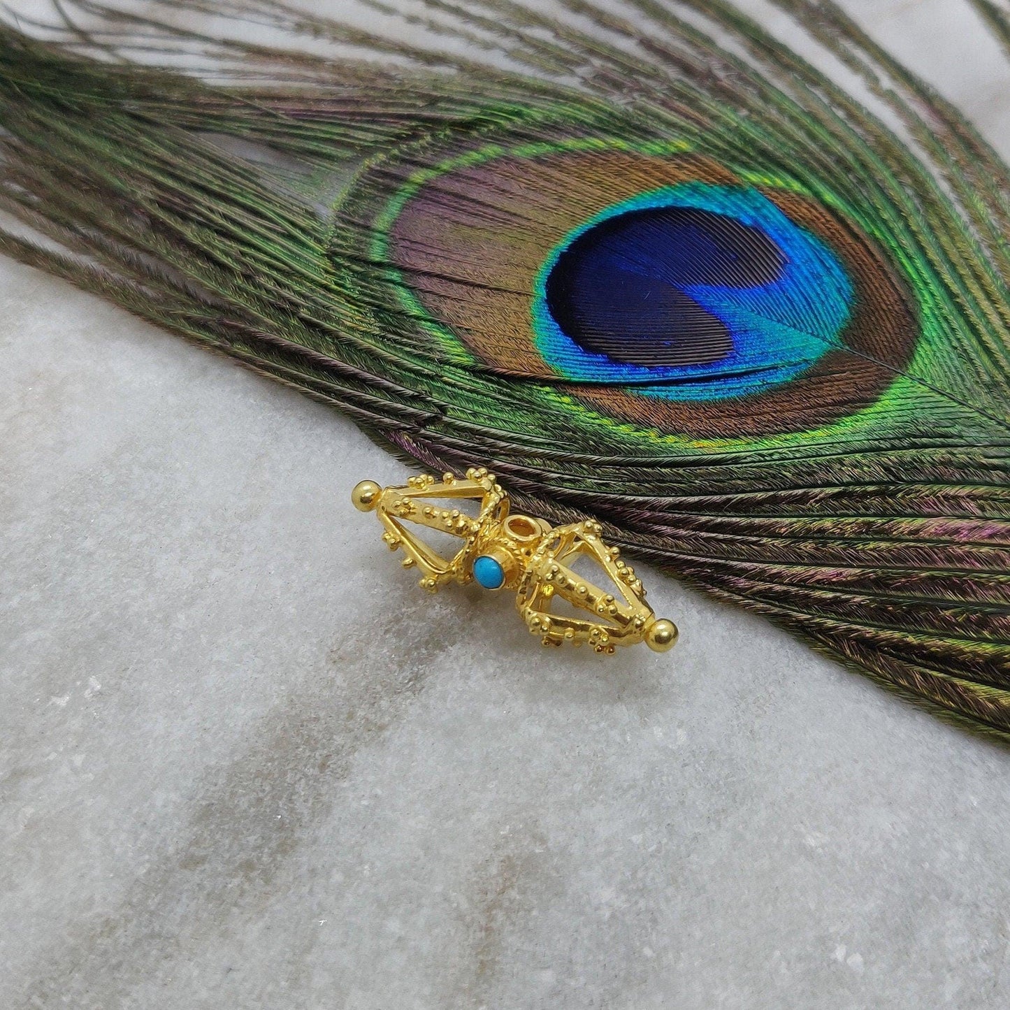 18 karat Pure Solid Yellow Gold Turquoise Gold Spacer Bead Components 29x10mm