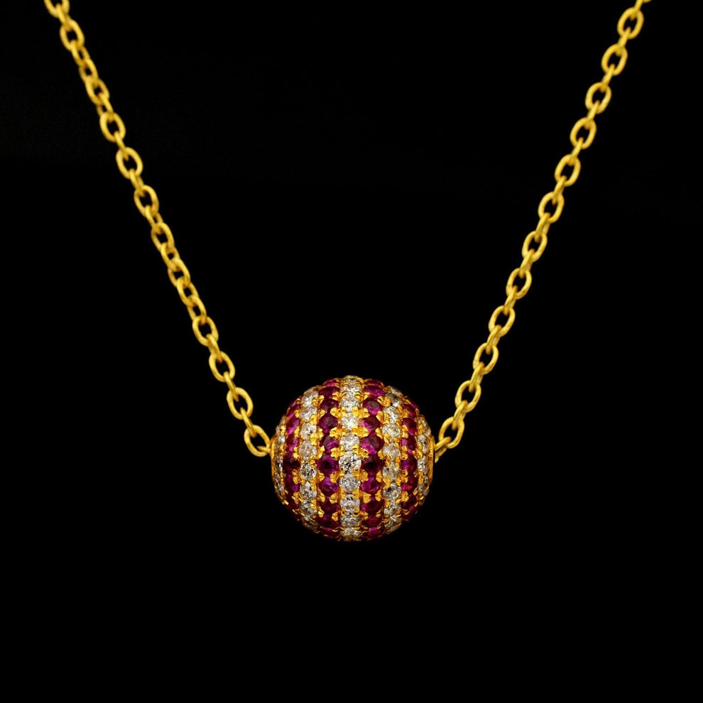14k Solid Yellow Gold Ball Pave Diamond & Ruby Spacer Beads 8mm